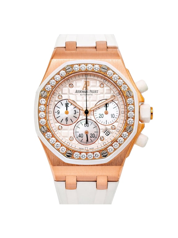 Pre-Owned Audemars Piguet Royal Oak Offshore Chronograph 37MM 26048OK.ZZ.D010CA.01 Silver Diamond Dial Diamond Bezel White Rubber Band