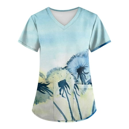 

EHTMSAK Plus Size Scrub Tops Floral with Pocket Short Sleeve Nurse Uniform V Neck Tunic Pockets T Shirt Blouse Light Blue 3X