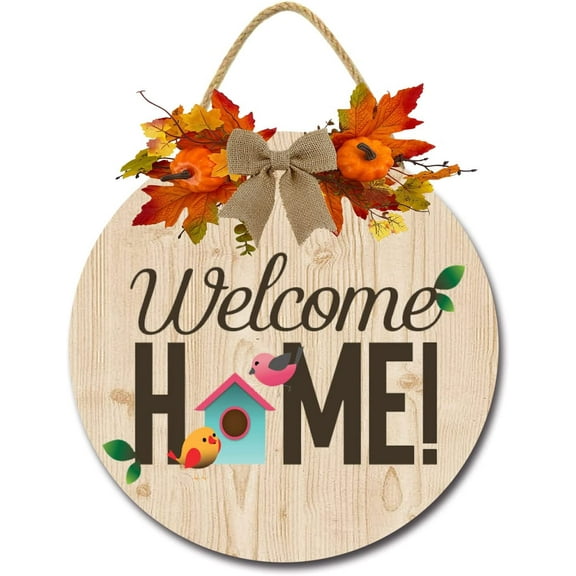 Eveokoki 12" Welcome Home 02 Front Door Sign Funny Wreaths Hanging Wooden Plaque Decoration Round Rustic Wood Farmhouse Porch Decor for Home Front Door Decor
