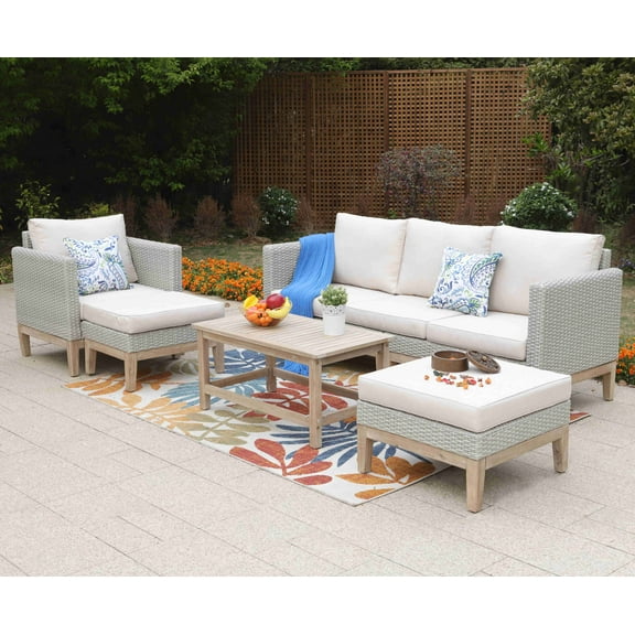 Sophia & William 5 Pieces Outdoor Patio Wicker Rattan Setional Conversation Sofa Set with Acacia Wood Coffee Table, Beige