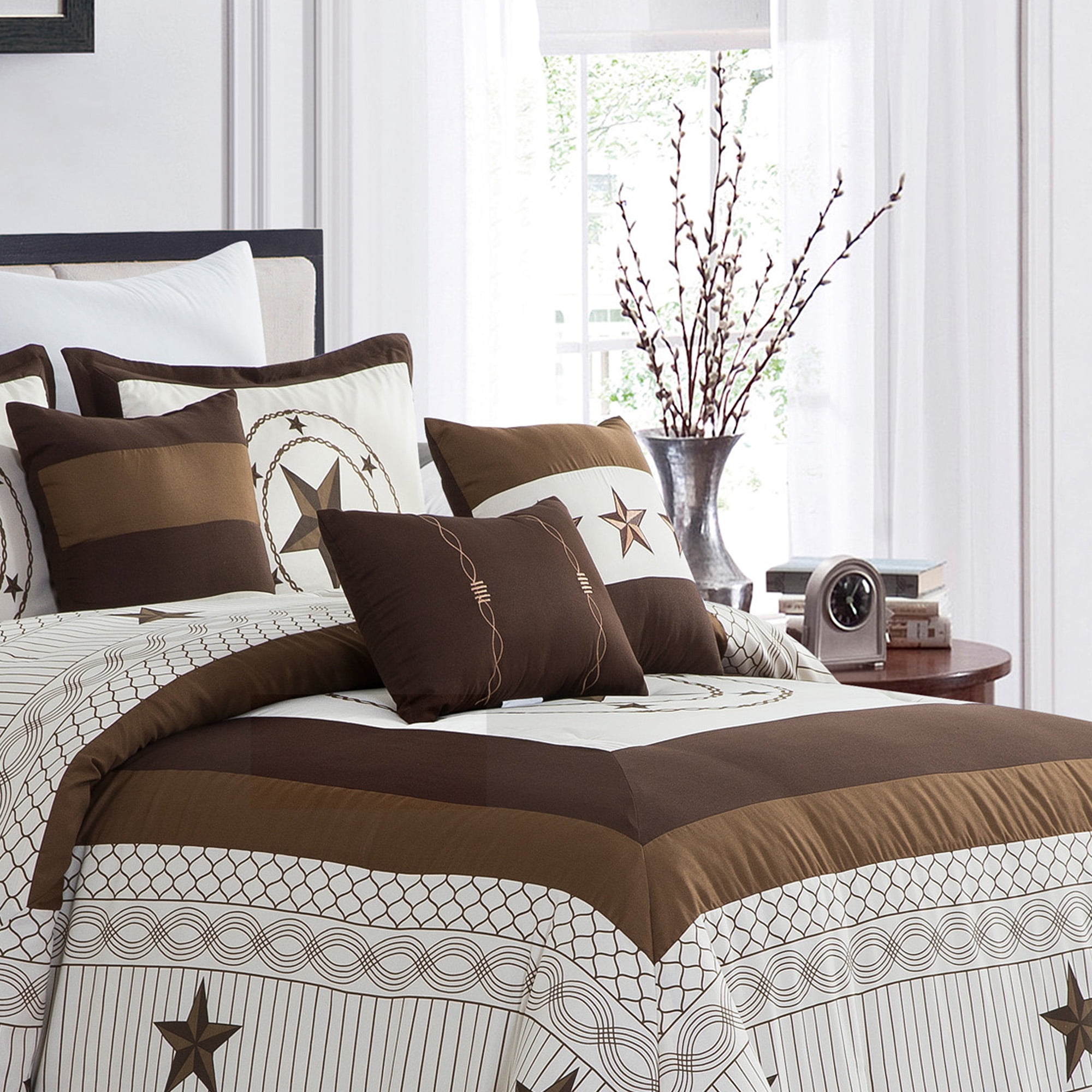 HIG 7 Pieces Beige Geometric Printed Comforter Set Color Block Patchwork Bed in A Bag, King