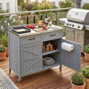 39.4 Inch Outdoor Kitchen Island with Stainless Steel Top, Storage Cabinet with Large Drawer, Adjustable Shelves, Internal Storage Racks and 4 Wheels for Pizza Prep, Grey Blue