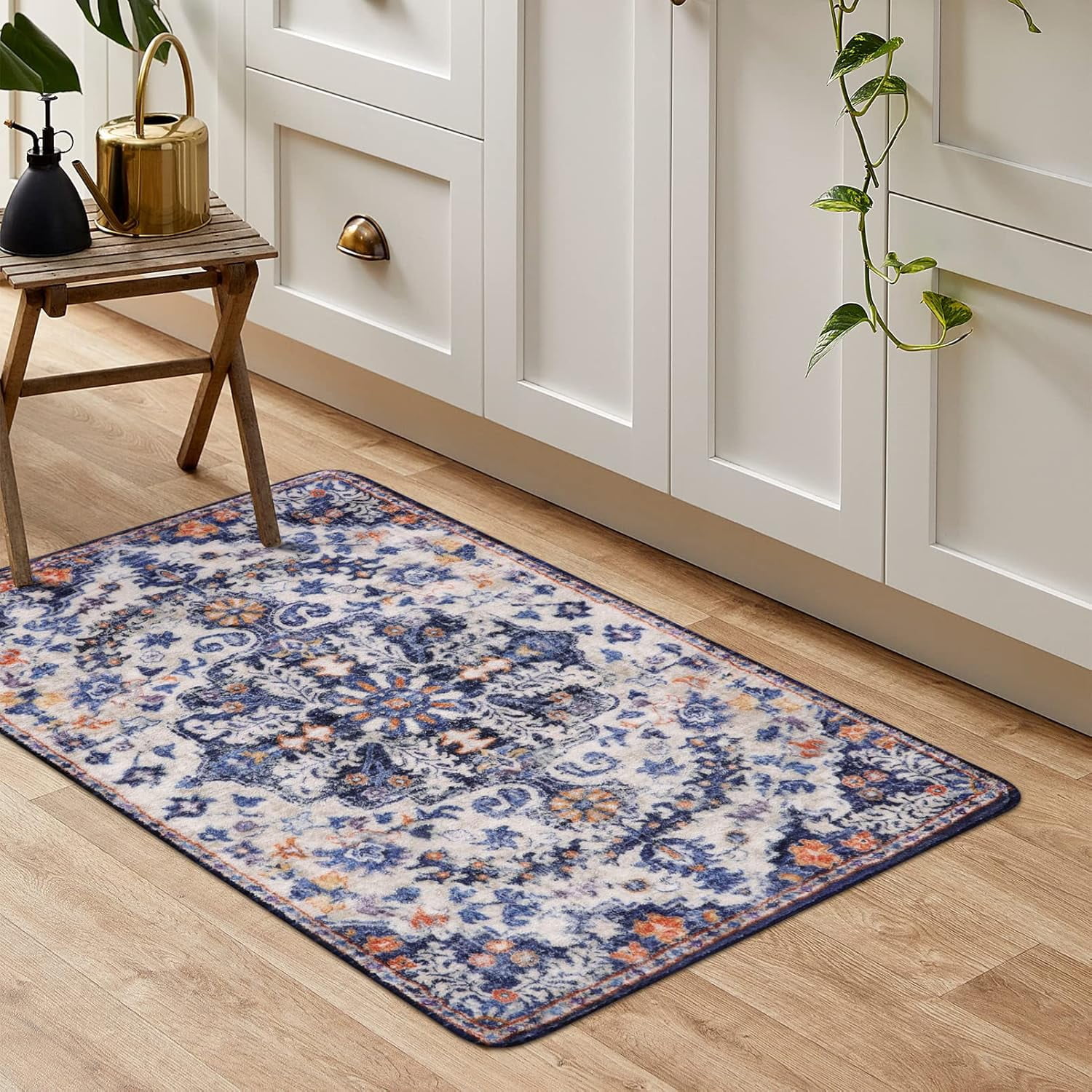 Wonnitar 2'x3' Bohemian Floral Medallion Area Rug,Oriental Distressed Small Bath Rug Country Vintage Doormat Faux Wool Non-Slip Washable Low-Pile Carpet for Bathroom Kitchen Laundry Room Decor