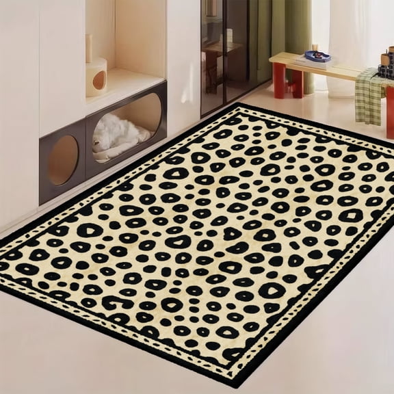 FJPT Black Leopard Print On Cream Soft Small Area Rugs Non Slip Indoor Floor Carpet for Living Room Bedroom Decor