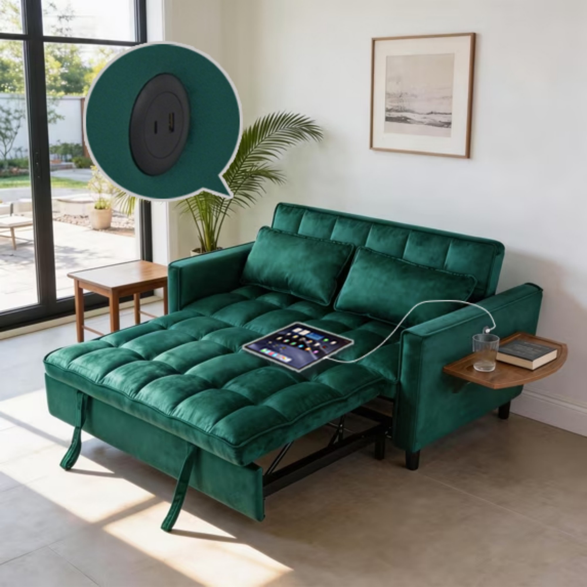 BSHTI 55.31” Velvet Pull Out Sofa Bed ,Sleeper Sofa with USB & Storage, Reclining Backrest, Foldable Side Table, Living Room Couch, Office Couch,Green
