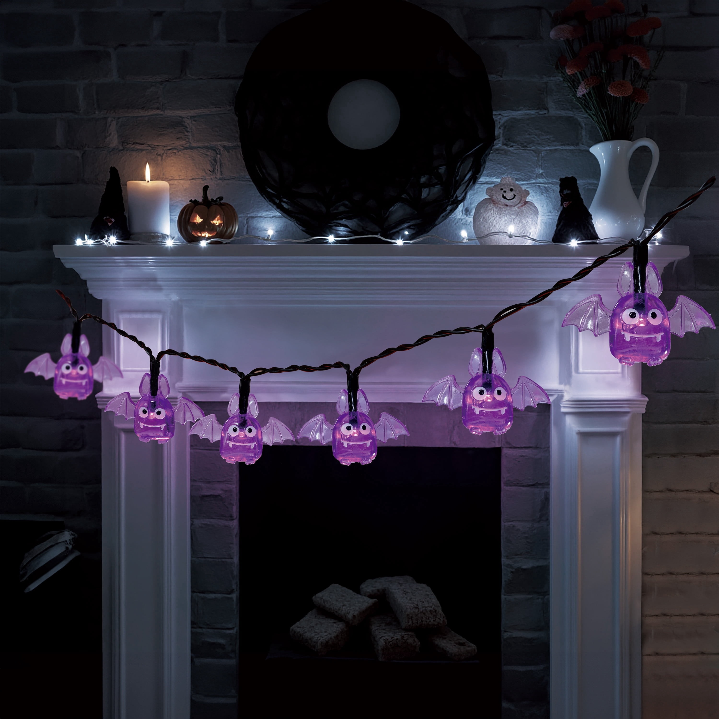 Indoor 10-Count Battery-Operated LED Bat String Lights, Purple, 3', Halloween by Way To Celebrate