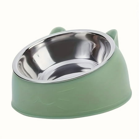 1pc Elevated Stainless Steel Cat Bowl Inclined Food & Water Dish with Cute Ear Stand Neck Protection Design for Cats
