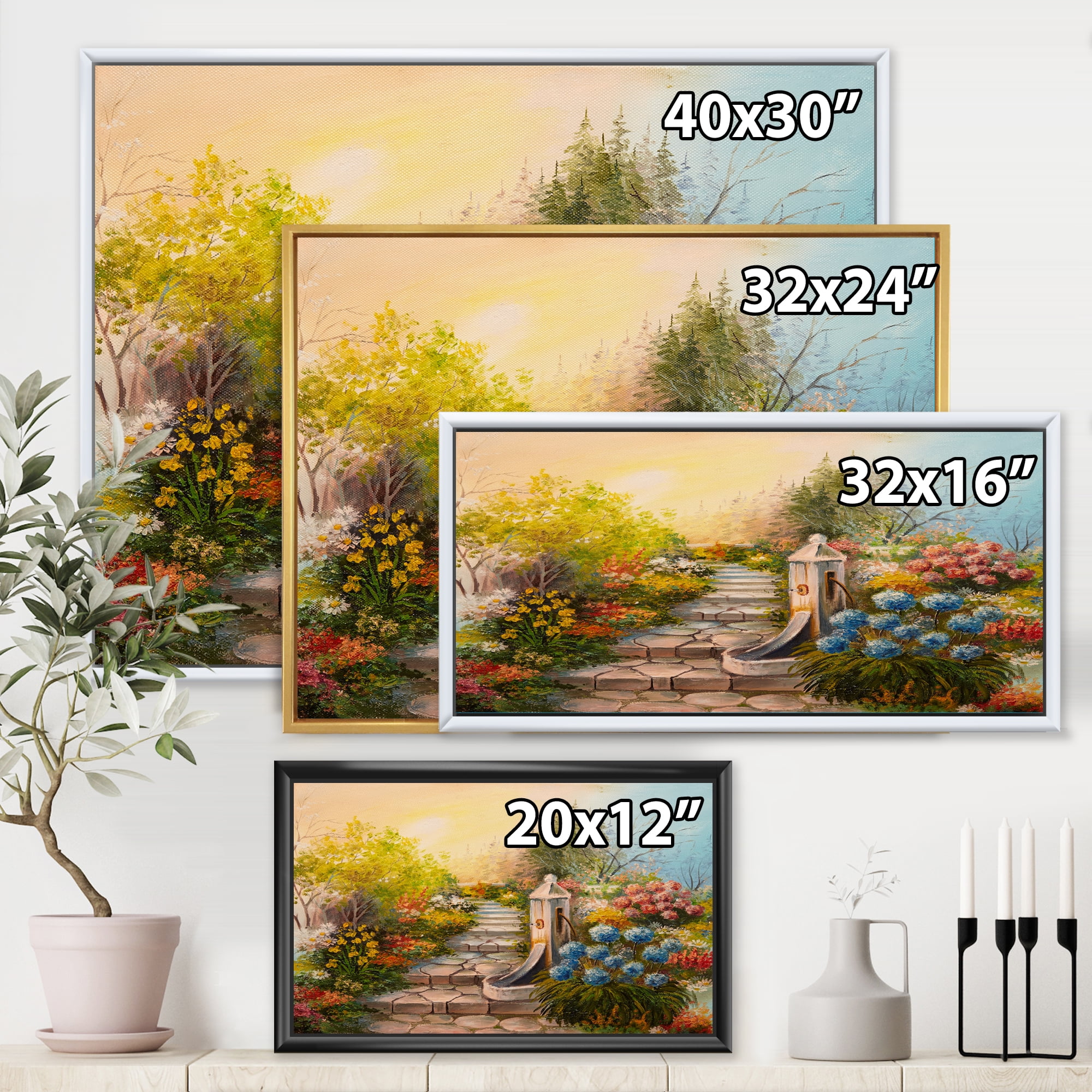 Designart 'Stone Stairs In The Blossoming Flowers Forest' Traditional Framed Canvas Wall Art Print