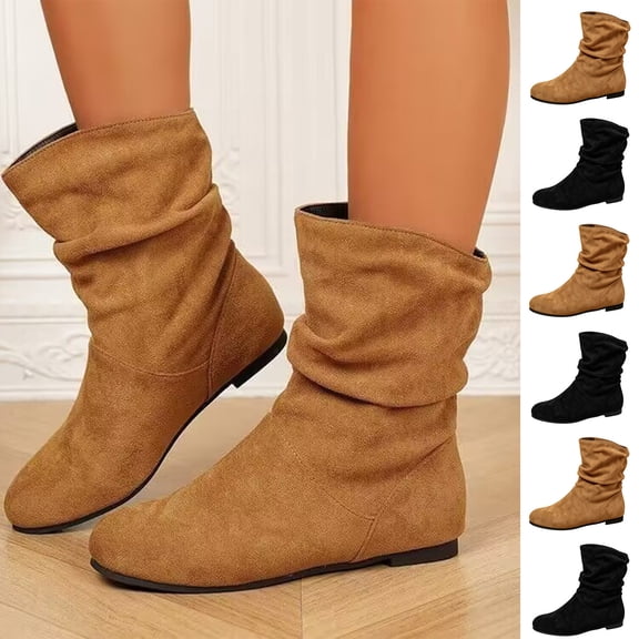 FRSASU Women's Flat Mid‑Calf Boots Faux Suede Round Toe Pull‑On Casual Mid Boots, Soft Comfortable Fall Winter Boots Brown
