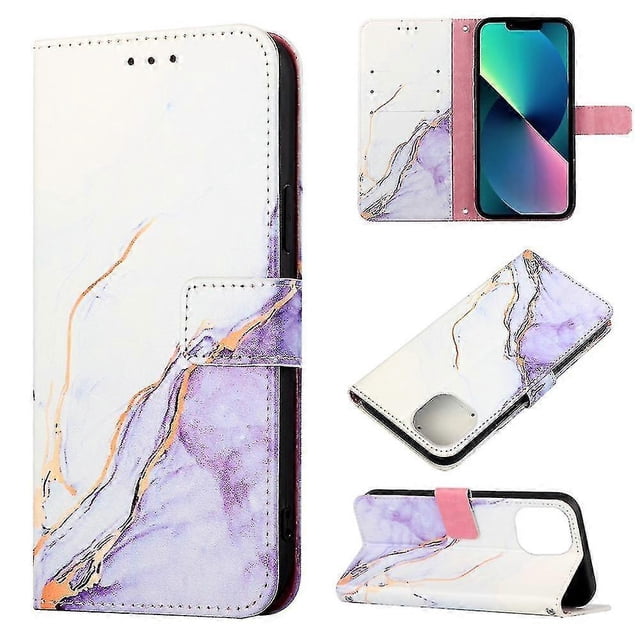 Funda de poliuretano con diseño de mármol para iPhone 14 Plus, color blanco y morado LS006
