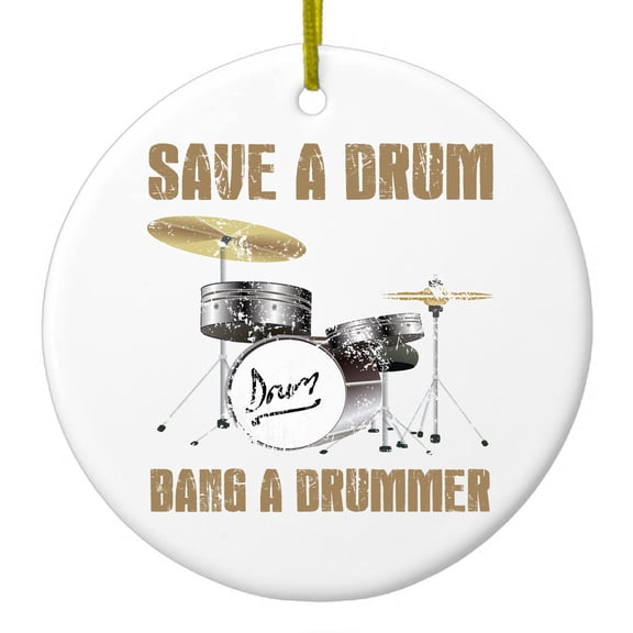 DistinctInk Hanging Ceramic Christmass Tree Ornament with Gold String - Great Gift / Present - 2 3/4 inch diameter - Save a Drum, Bang a Drummer