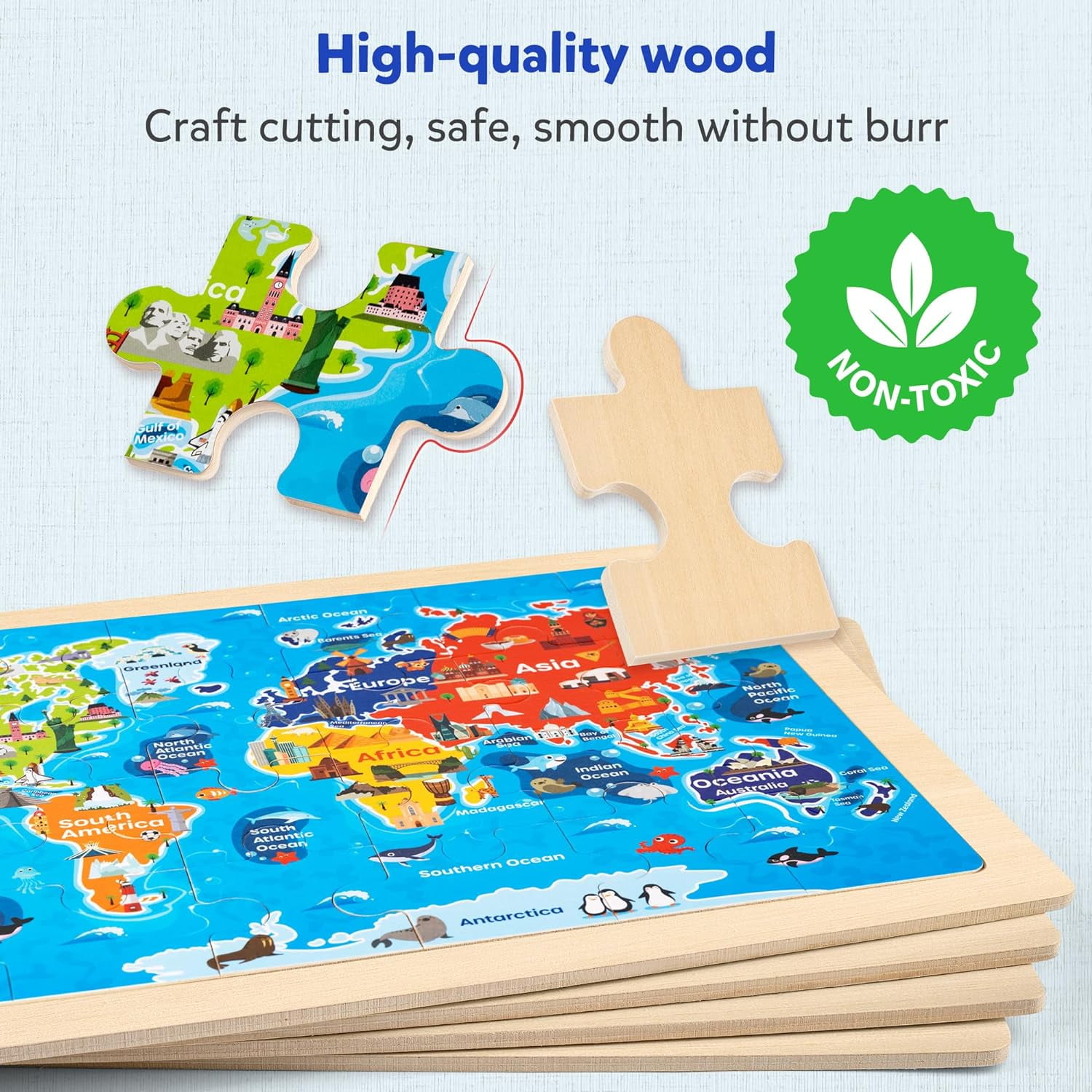 SYNARRY 4-in-1 Wooden Puzzle Set for Kids Age 3-8, Large USA Map, World Map, Earth & Solar System, 24pcs Each, FSC Certified Jigsaw Puzzles
