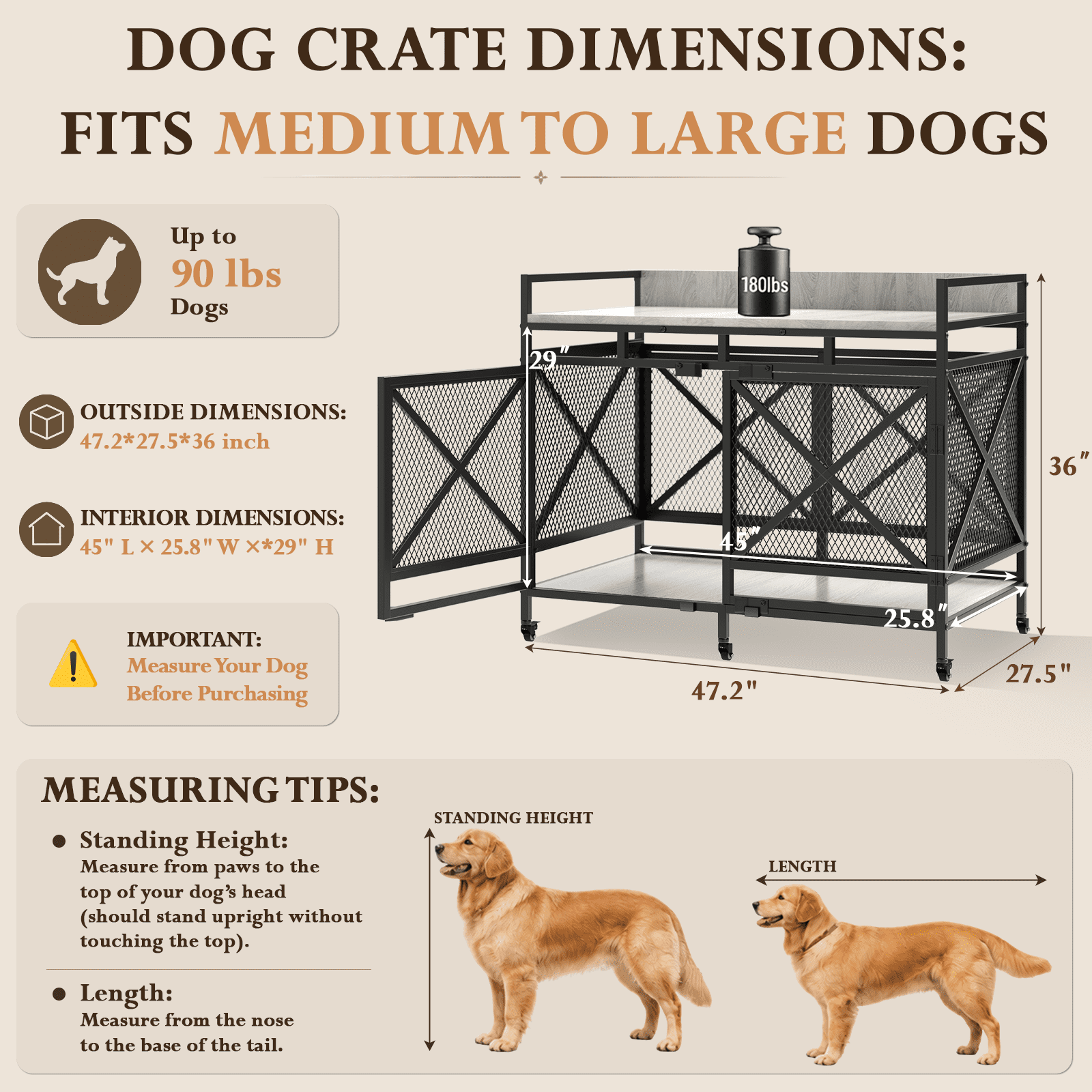 Fowroa 48" Dog Crate with Wheels Dog Crate Furniture for Large Dogs up to 90 lbs, Waterproof Top, Gray