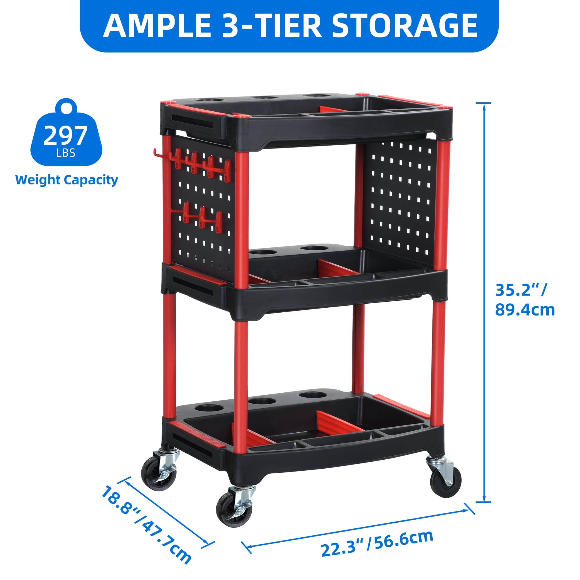 Uforic 3 Tier Rolling Detail Cart with Hanging Plate & Hooks, Car Wash Organizer Cart, Black