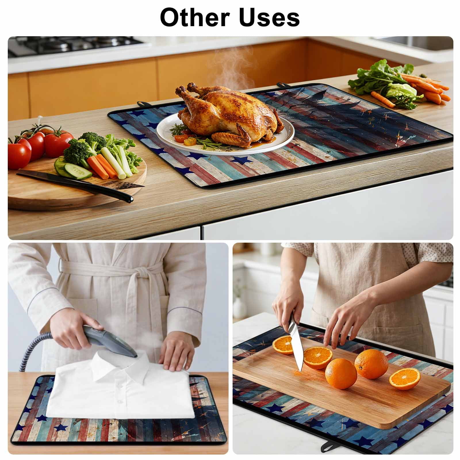 Eagle Stove Top Cover for Electric Stove, Heat-proof & Non Slip Glass Top Stove Cover Protector, American Flag Blue Star Red Blue Striped Vintage Wooden Kitchen Flat Cooktop Rubber Mat 24x21 Inches