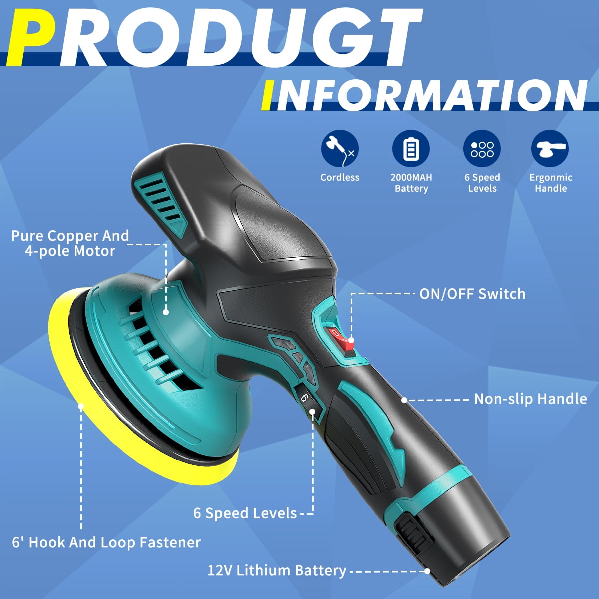 6 Inch Cordless Car Buffers Polishers Kit with 2pcs 2000mAh Lithium Rechargeable Battery, Portable Rotary Car Polisher Set with 6 Variable Speed 2500-5000 RPM for Car, Boat Sanding, Polishing, Waxing
