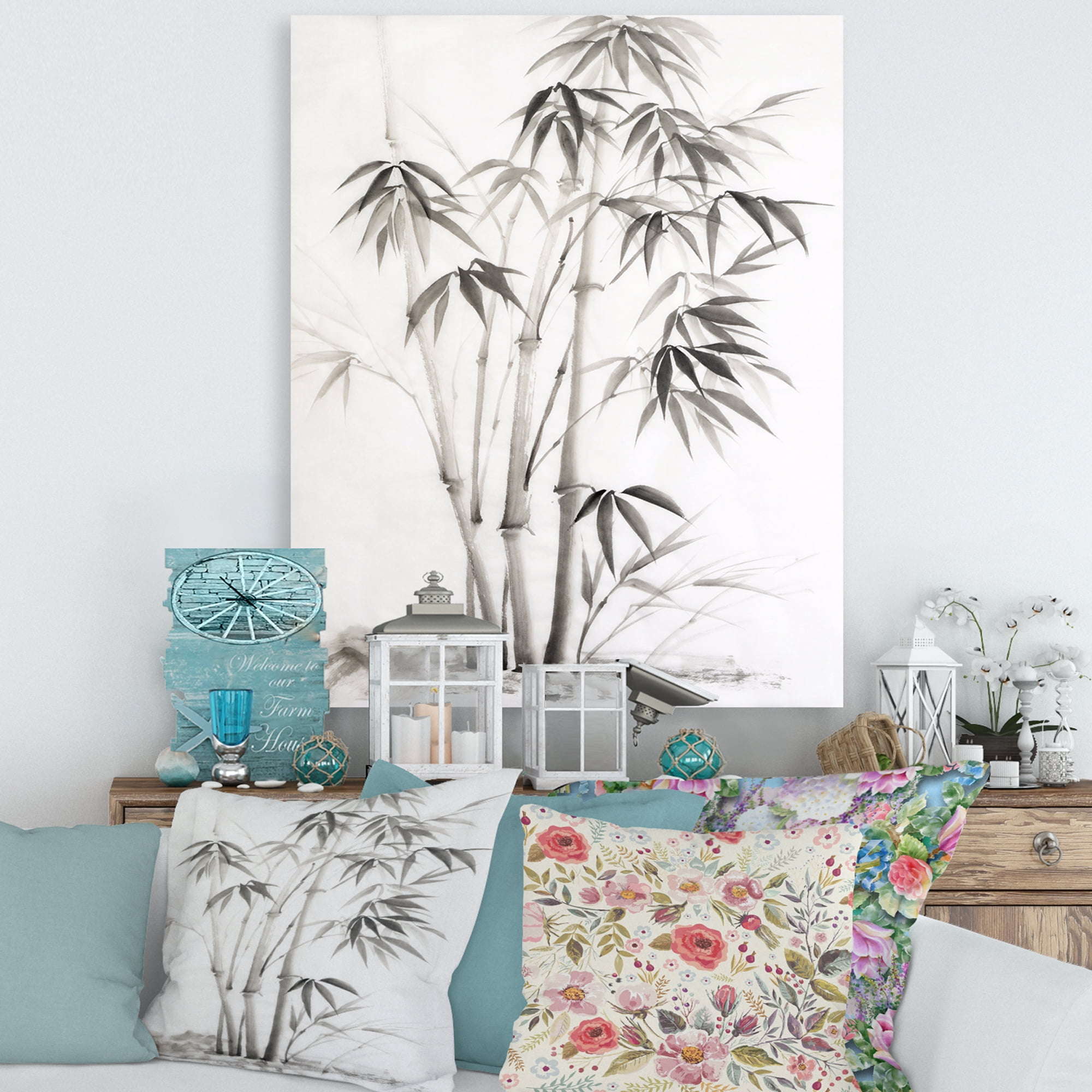Designart ' Vintage Black and White Bamboo II ' Traditional Canvas Wall Art Print