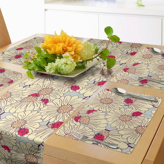 Ambesonne Ladybug Table Runner & Placemats, Spring Season Bugs, Placemat 4 pcs   Runner 12"x72", Dark Coral Cream
