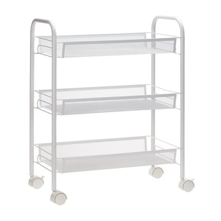 - 3 Tier Mesh Wire Rolling Cart - Rolling Basket Stand - Kitchen and Bathroom Organization Storage - White