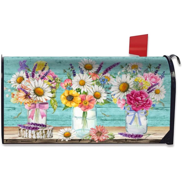 Spring Floral Mailbox Cover, Floral Jars Rustic Magnetic Mailbox Cover Letter Post Box Cover Wrap Decoration Welcome Home Garden Outdoor 21" Lx 18" W