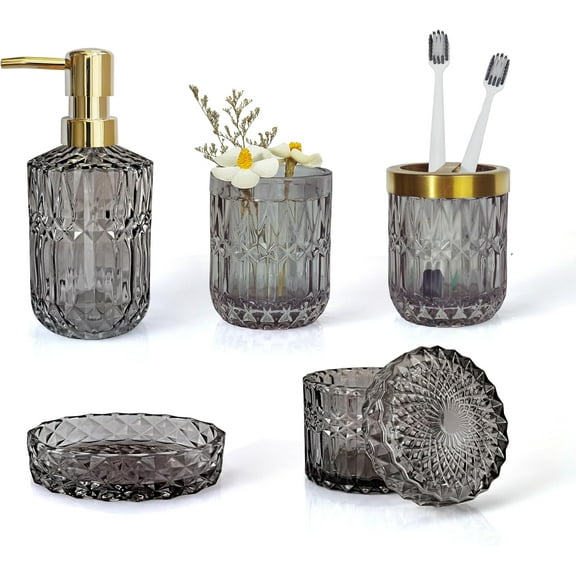 HearthHarmony Glass Bathroom Accessories Set, 5Pcs Gray Bathroom Accessories, Soap Dispenser, Soap Dish, Toothbrush Holder Set, Cotton Swab Jar, Vintage Black and Gold Accent for Bath Countertop