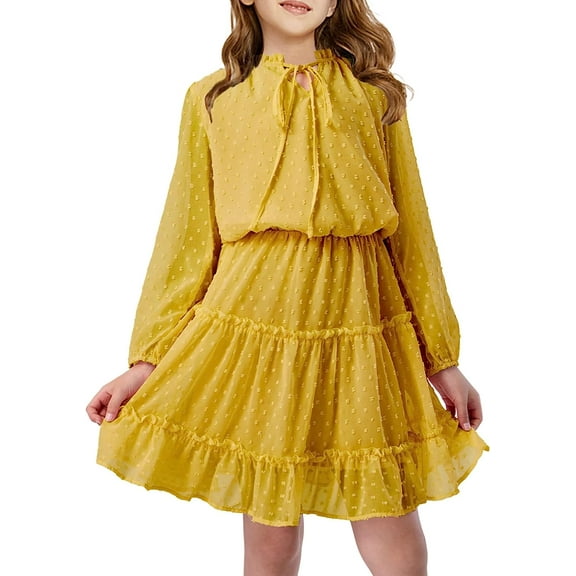 Girl Swiss Dot Dress Long Sleeve Flowy Chiffon Dress Spring Summer Tie Front Casual Girl Dresses