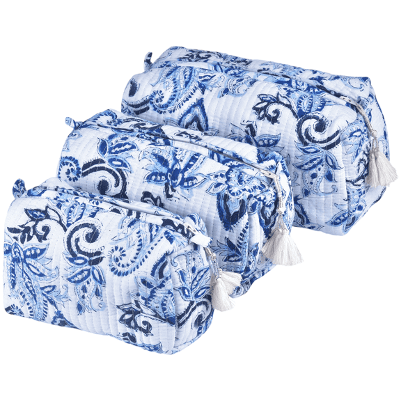 Vivanta Quilted Floral Block Print Makeup Bag Set of 3 – Cotton Travel Toiletry and Makeup Organizer, Cosmetic Pouch, Toiletry Bag for Women, Cute Boho Coquette Make Up Bags for Women