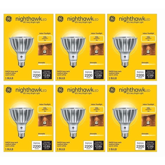 (6 bulbs) GE nighthawk LED PAR30 Longneck, 24 watt, 2200 lumens, 3000K warm
