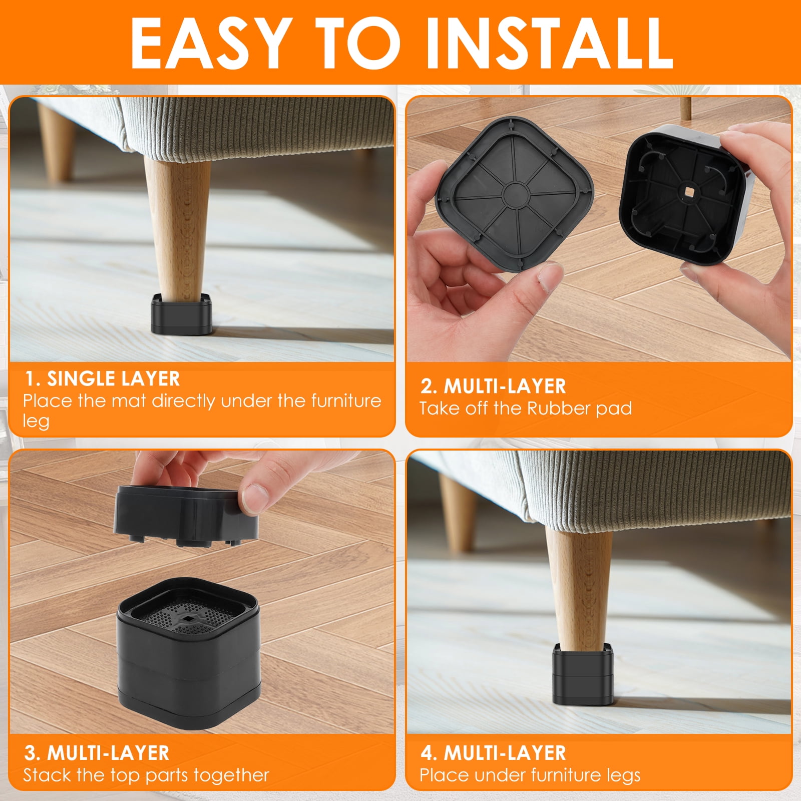 8Pcs Furniture Risers with Nonslip Bottom Adjustable Table Risers Stackable Bed Lifter Versatile Bed Raising Blocks for Table Desk Couch Chair Sofa Cabinet Bed Legs Black Plastic