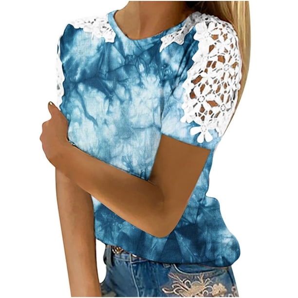 Mujeres Causal Mangas Cortas Cómodo Encaje Cuello Redondo Estampado Blusa Pullover Tops Camisa OAVQHLG3B Store lin121212