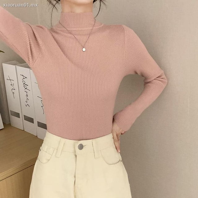 ﹍Cuello medio alto con una camisa de fondo negro para mujer suéter de todo fósforo de otoño e invierno para mujer 2021 nuevas blusas de manga larga moda extranjerapangjing