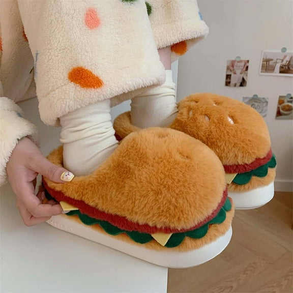 Kilaqueen Cozy Plush Scuff Slippers for Women and Men, Cute Hamburger Creative Home Shoes with Memory Foam, Funny Winter Warm Slippers Indoor Outdoor