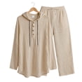 thumbnail image 4 of Men's Linen Blend 2 Piece Outfit Hooded Henley Shirt Drawstring Wide Leg Pants Set Light Khaki M, 4 of 10