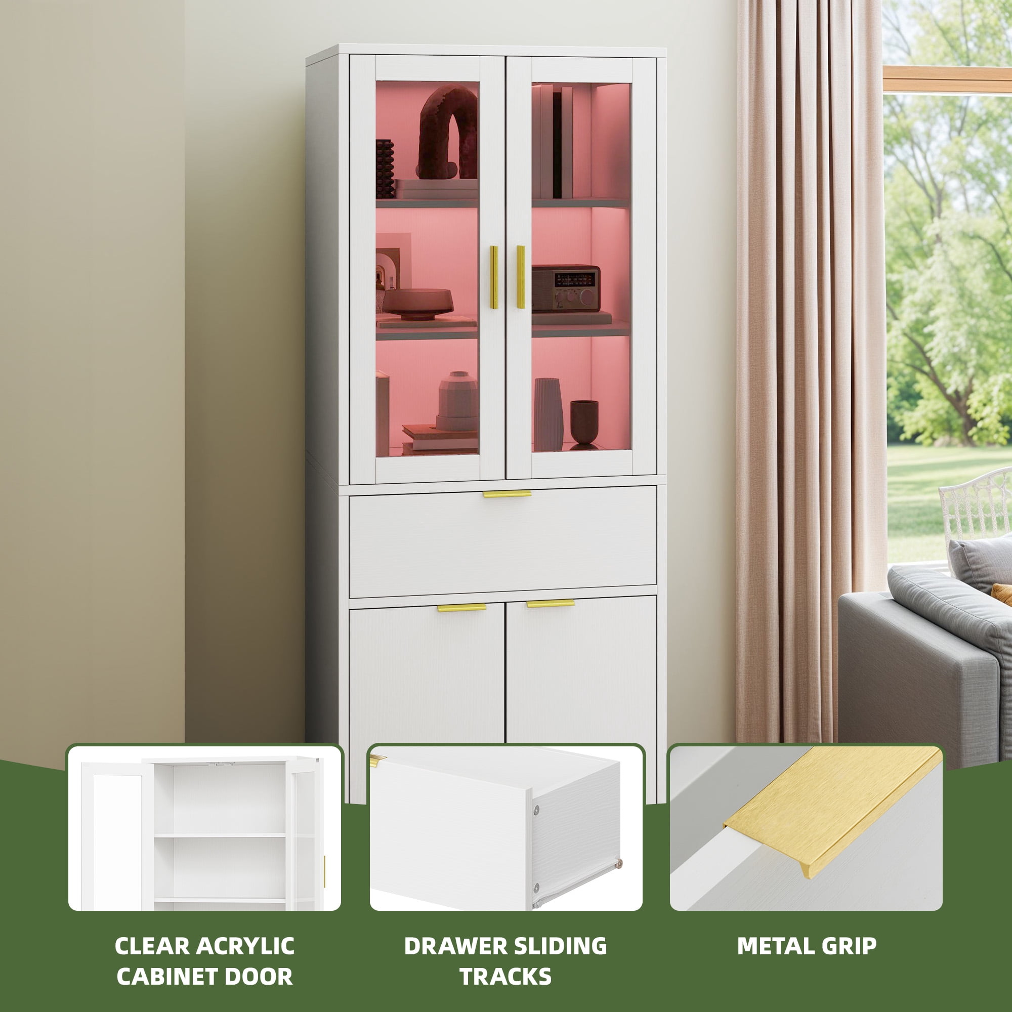 Uforic 65" Bookcase with Drawers & Doors, Tall Storage Cabinet with Adjustable Shelves, Display Bookshelves, White