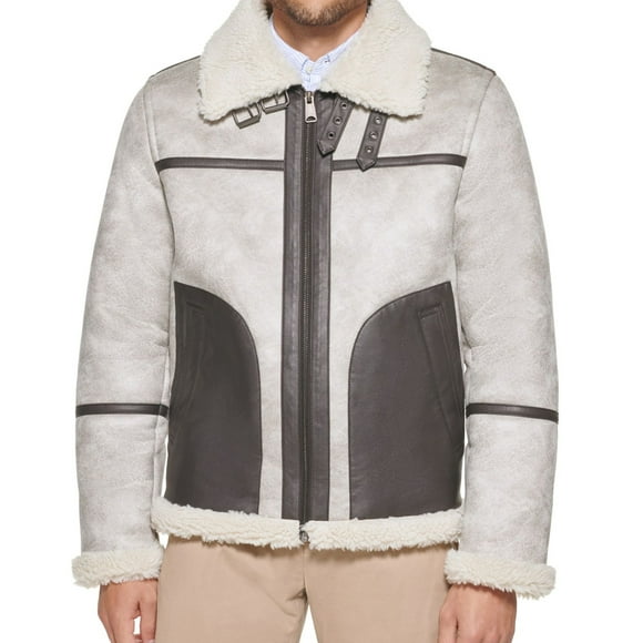 Tommy Hilfiger Mens Faux Leather Fleece Lined Aviator Jacket, Beige, X-Large