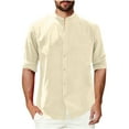 thumbnail image 3 of YOIAVAIOY Men's Cotton Linen Shirts Long Sleeve Button Down Shirt Lightweight Band Beach Shirts Beige L, 3 of 7