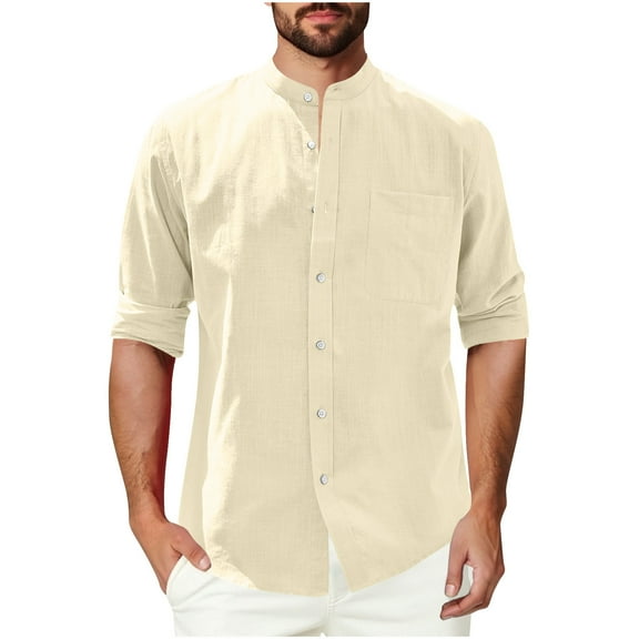 Tqyyweavej Men's Linen Shirts Long Sleeve Button Down Shirt Cotton Band Collar Solid Color Relaxed Fit Beach Shirts with Pocket
