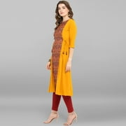 Janasya Indian Round Neck 3/4 Sleeve Floral Print Mustard Poly Crepe Kurta For Women