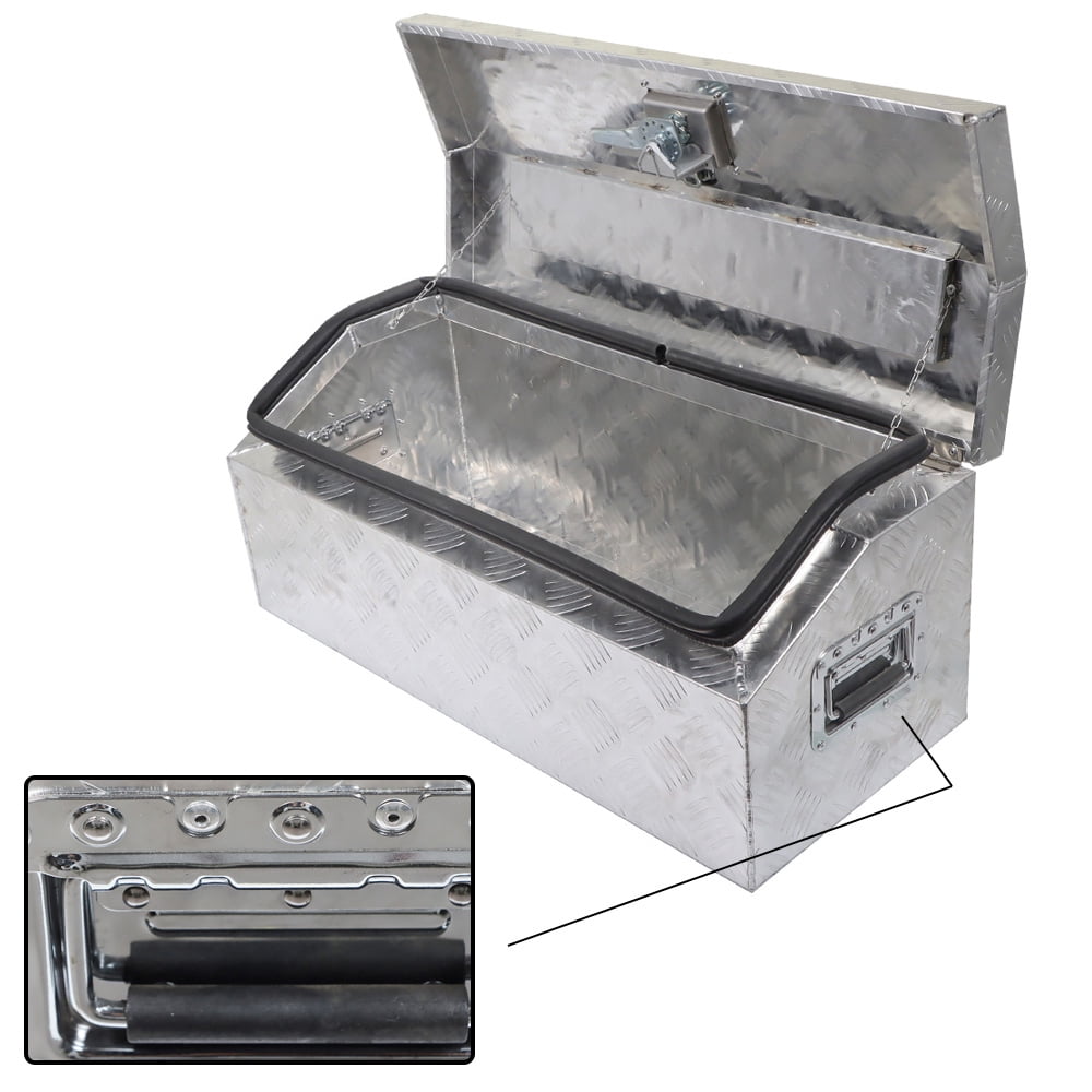 munirater 30 Inch Trailer Tongue Tool Box Chest Box Diamond Tread Aluminum Heavy Duty Truck Pick Up Underbody Storage Organizer Weather Resistant Seal Planks w/Keys Sliver