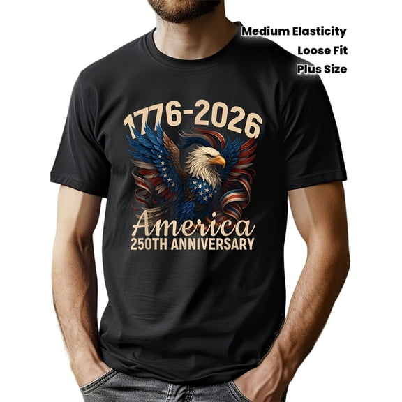 Retro America 250th Anniversary T-Shirt 1776-2026 Patriotic Bald Eagle Graphic Tee Men's Plus Size Loose Fit Short Sleeve Cotton Top