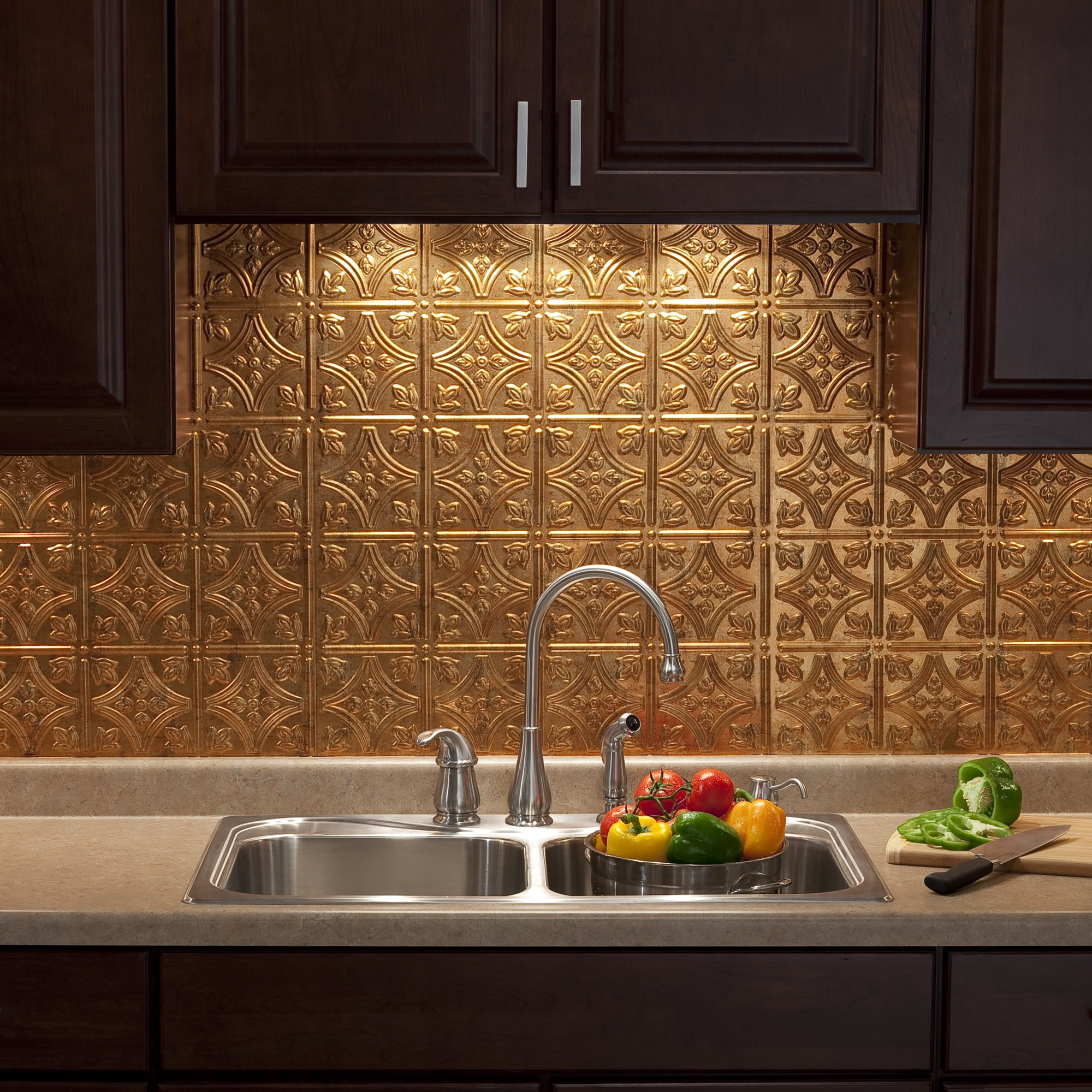 6 x 6 Sample Fasade Easy Installation Rings Antique Bronze Backsplash Panel for Kitchen and Bathrooms