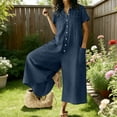 thumbnail image 2 of BVnarty Women Collared Short Sleeve Half Button Culotte Jumpsuit, Loose Relaxed Fit Multi Pocket Design for Backyard Gathering Navy S, 2 of 7