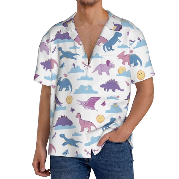 Fotbe Dinosaur Camisa Estampada de Manga Corta para Hombre, Casual de Verano, Estilo Playero, Sin Arrugas-Large