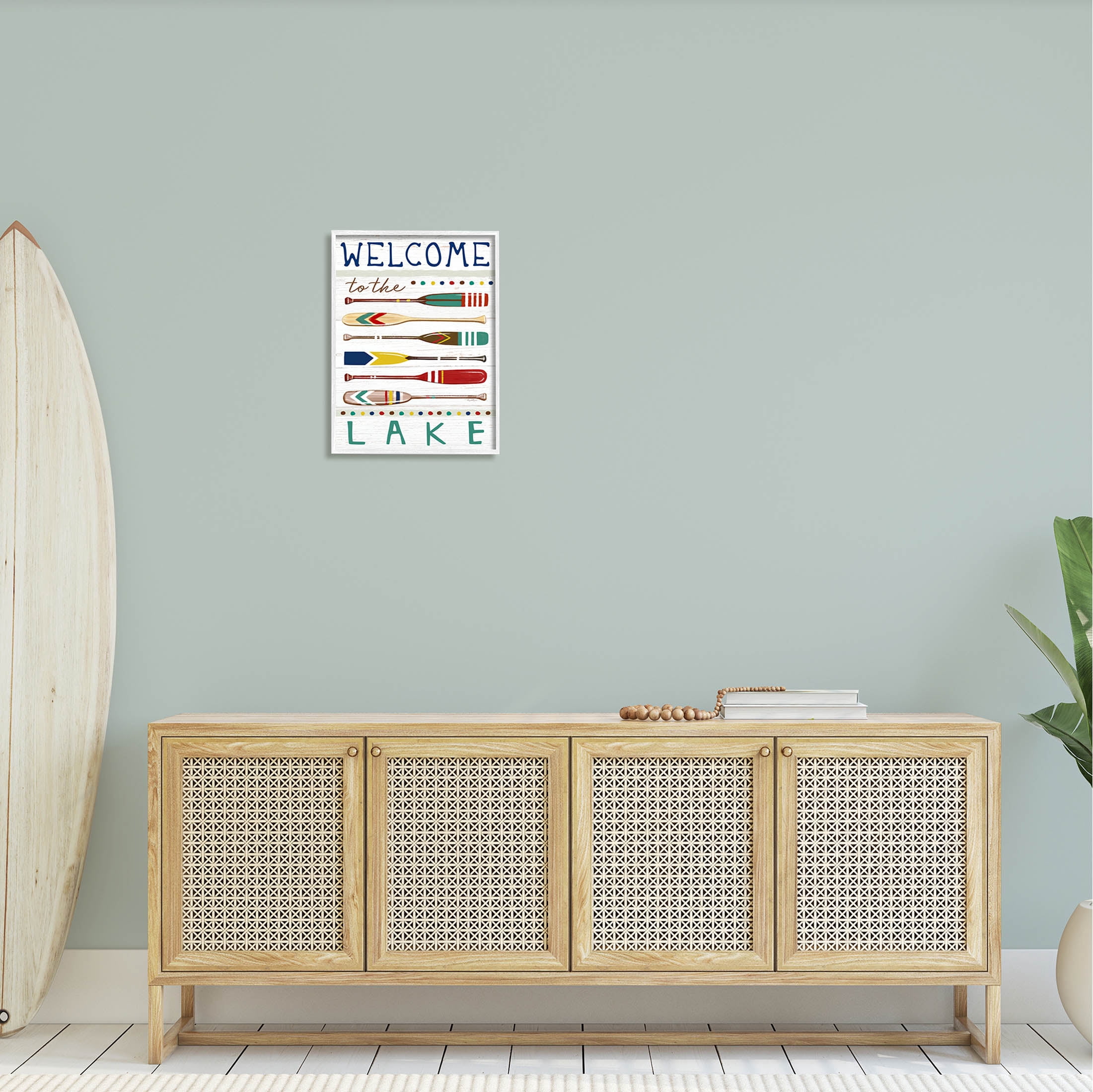 Stupell Industries Lake Welcome Sign Striped Oars Graphic Art White Framed Art Print Wall Art, Design by Elizabeth Tyndall