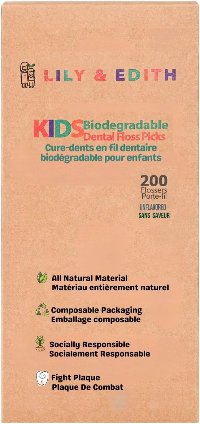 Kids Biodegradable Dental Floss Picks 200 Counts, Fluoride Free, Plant Based Material, Fun Animal Flossing Sticks, Ultra Sturdy Thread, Zero Waste Package (Unflavored)