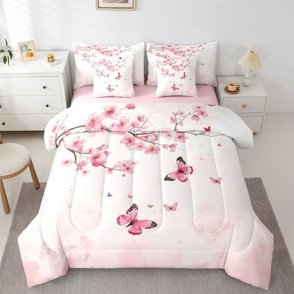 Manfei Cute Butterflies 7-Piece Twin Bedding Sets,Cherry Blossom Bedding Comforter Set,Light Pink Sheet Sets For Princess,Super Cozy Room Decor Reversible