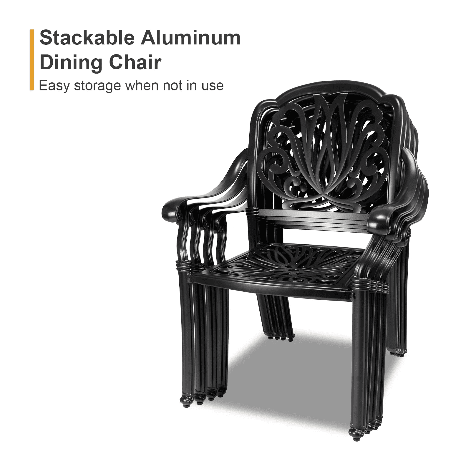 PATIO-IN Set of 2 Cast Aluminum Outdoor Dining Chairs, Stackable Arm Chairs, All-Weather Bistro Seats for Patio, Balcony, Garden, Black