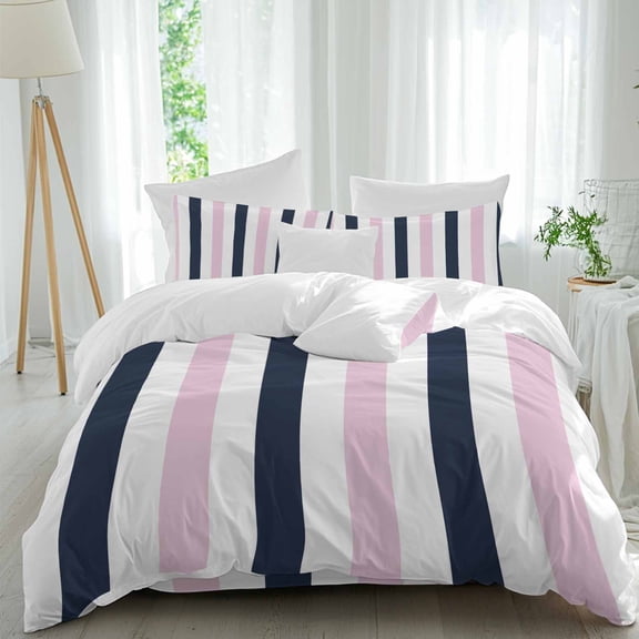 Navy Blue Pink Striped Duvet Cover Set California King Size Modern Abstract Soft Lightweight Comforter Covers 4 Piece Bedding Set with 1 Duvet Cover 1 Bed Sheet & 2 Pillow Shams