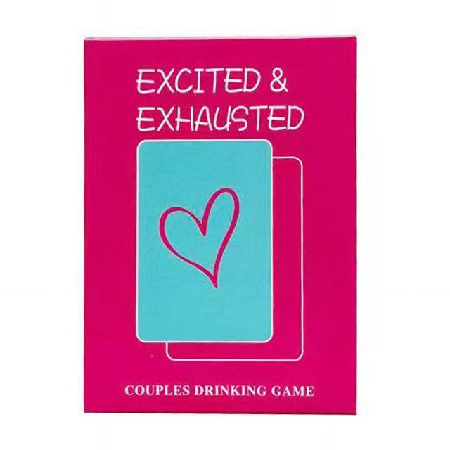 Versión completa en inglés de las cartas del juego de mesa en inglés Excited & Exhausted para parejas y amantes de la bebida.