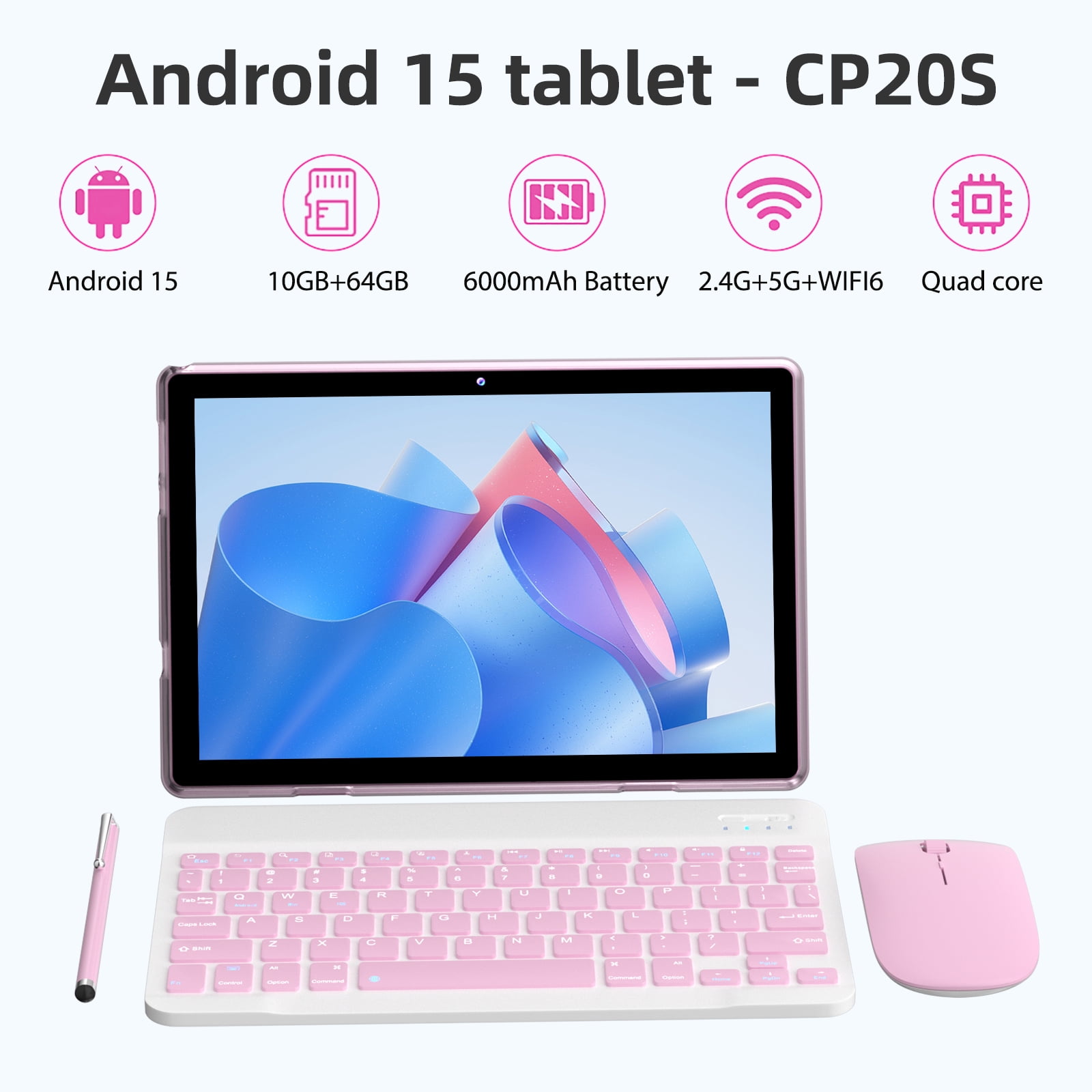 Peicheng 10" Android 15 Tablet, 10(4+6Expand)GB RAM+64GB ROM Tablet Kit with Protective Case/Stylus/Keyboard/Mouse, 2+8MP Dual Camera, 6000mAh Battery (1set, Pink)